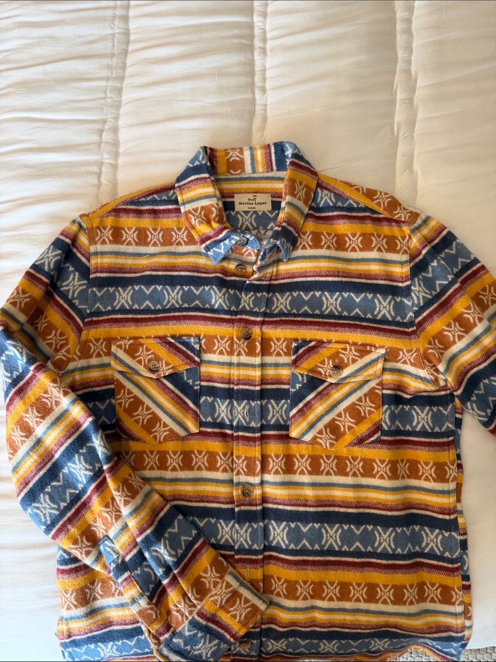 Marine Layer Striped Aztec Shirt Jacket in Mustard, Blue & Rust